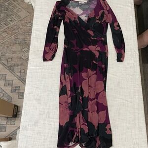 Cabi Dress‎ Size Small Shadow Floral #837 Women Faux Wrap Midi  Purple Stretch